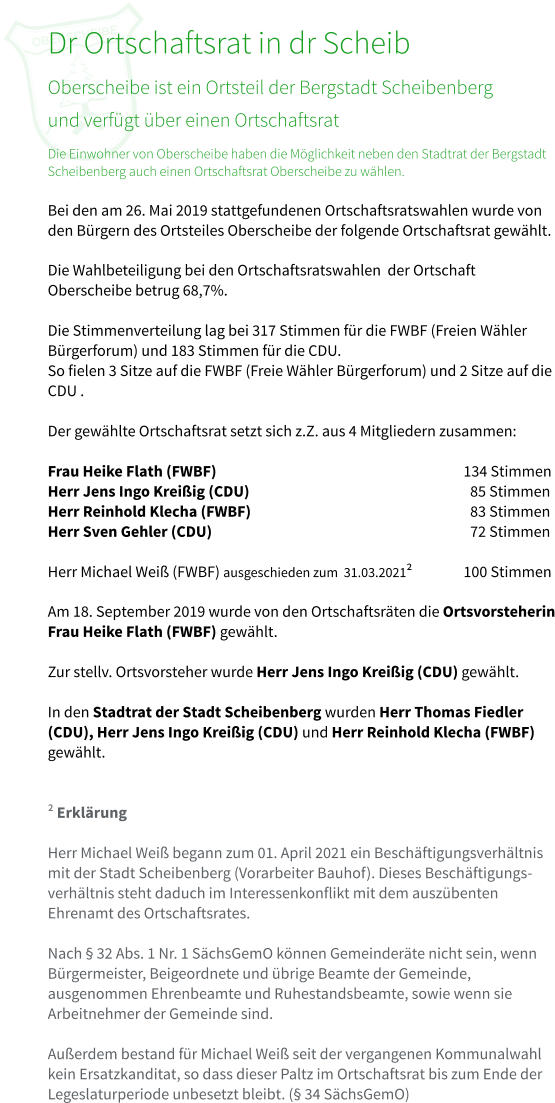 Dr Ortschaftsrat in dr Scheib Oberscheibe ist ein Ortsteil der Bergstadt Scheibenbergund verfügt über einen Ortschaftsrat Die Einwohner von Oberscheibe haben die Möglichkeit neben den Stadtrat der Bergstadt Scheibenberg auch einen Ortschaftsrat Oberscheibe zu wählen.Bei den am 26. Mai 2019 stattgefundenen Ortschaftsratswahlen wurde von den Bürgern des Ortsteiles Oberscheibe der folgende Ortschaftsrat gewählt.  Die Wahlbeteiligung bei den Ortschaftsratswahlen  der Ortschaft Oberscheibe betrug 68,7%.  Die Stimmenverteilung lag bei 317 Stimmen für die FWBF (Freien Wähler Bürgerforum) und 183 Stimmen für die CDU. So fielen 3 Sitze auf die FWBF (Freie Wähler Bürgerforum) und 2 Sitze auf die CDU .  Der gewählte Ortschaftsrat setzt sich z.Z. aus 4 Mitgliedern zusammen:   Frau Heike Flath (FWBF)							134 Stimmen Herr Jens Ingo Kreißig (CDU)						  85 Stimmen Herr Reinhold Klecha (FWBF)						  83 Stimmen Herr Sven Gehler (CDU)							  72 Stimmen  Herr Michael Weiß (FWBF) ausgeschieden zum  31.03.2021²		100 Stimmen  Am 18. September 2019 wurde von den Ortschaftsräten die Ortsvorsteherin Frau Heike Flath (FWBF) gewählt.  Zur stellv. Ortsvorsteher wurde Herr Jens Ingo Kreißig (CDU) gewählt.  In den Stadtrat der Stadt Scheibenberg wurden Herr Thomas Fiedler (CDU), Herr Jens Ingo Kreißig (CDU) und Herr Reinhold Klecha (FWBF) gewählt.   ² Erklärung  Herr Michael Weiß begann zum 01. April 2021 ein Beschäftigungsverhältnis mit der Stadt Scheibenberg (Vorarbeiter Bauhof). Dieses Beschäftigungs-verhältnis steht daduch im Interessenkonflikt mit dem auszübenten Ehrenamt des Ortschaftsrates.  Nach § 32 Abs. 1 Nr. 1 SächsGemO können Gemeinderäte nicht sein, wenn Bürgermeister, Beigeordnete und übrige Beamte der Gemeinde, ausgenommen Ehrenbeamte und Ruhestandsbeamte, sowie wenn sie Arbeitnehmer der Gemeinde sind.  Außerdem bestand für Michael Weiß seit der vergangenen Kommunalwahl kein Ersatzkanditat, so dass dieser Paltz im Ortschaftsrat bis zum Ende der Legeslaturperiode unbesetzt bleibt. (§ 34 SächsGemO)